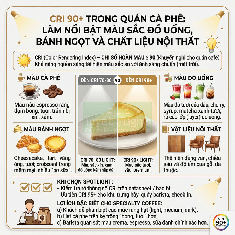 Infographic giới thiệu đèn CRI 90+ cho quán cà phê, làm nổi bật màu đồ uống, bánh ngọt và nội thất