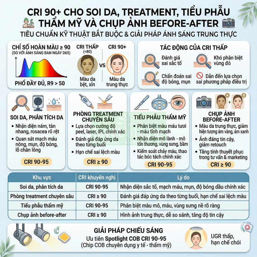 Infographic tiêu chuẩn CRI 90+ cho soi da, treatment, tiểu phẫu thẩm mỹ và chụp ảnh before after với giải pháp chiếu sáng