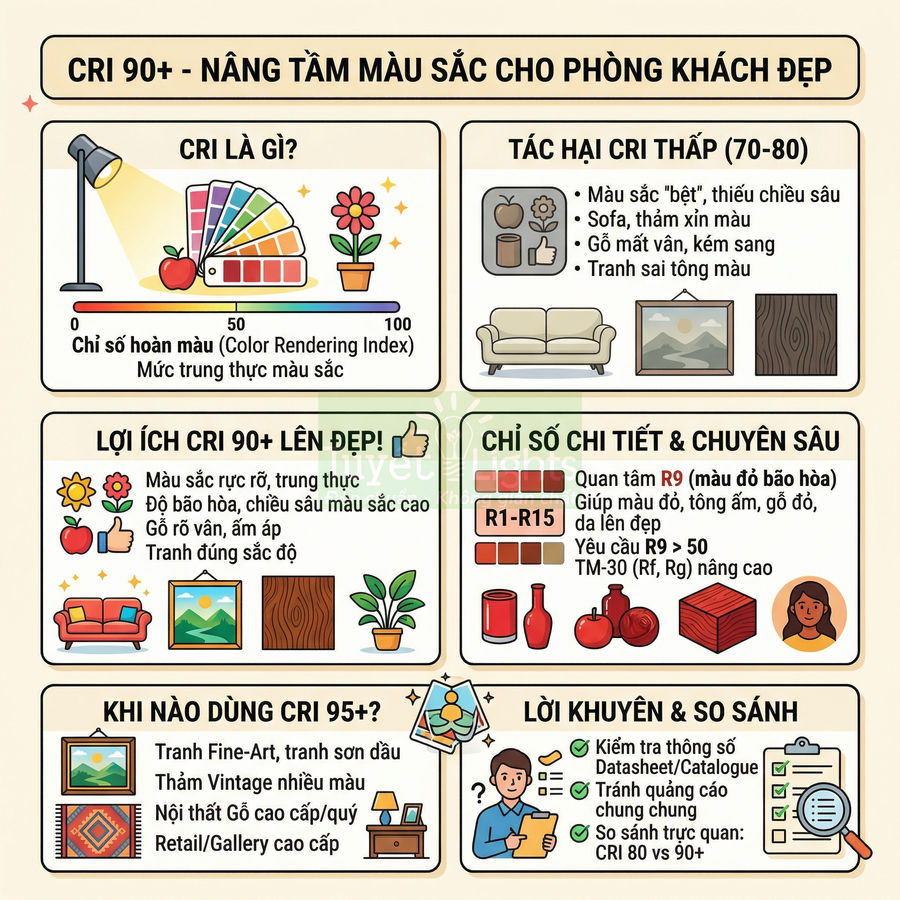 Infographic giải thích chỉ số CRI 90+ và lợi ích ánh sáng trung thực màu sắc cho phòng khách, nội thất và tranh decor