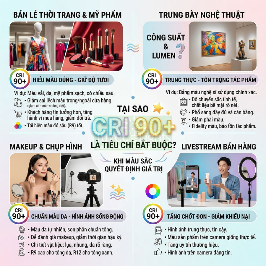Đèn chiếu sáng CRI 90+ cho cửa hàng thời trang, mỹ phẩm, studio chụp hình và livestream bán hàng