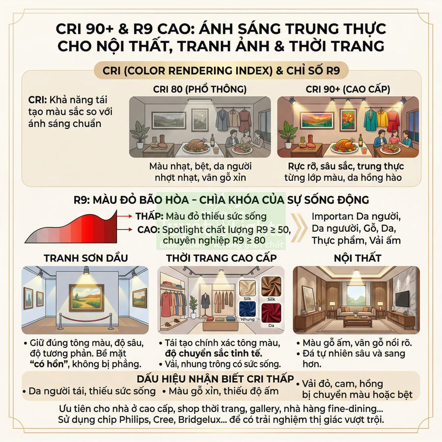 Infographic giải thích chỉ số CRI 90 và R9 cao cho ánh sáng trung thực trong nội thất, tranh ảnh và thời trang