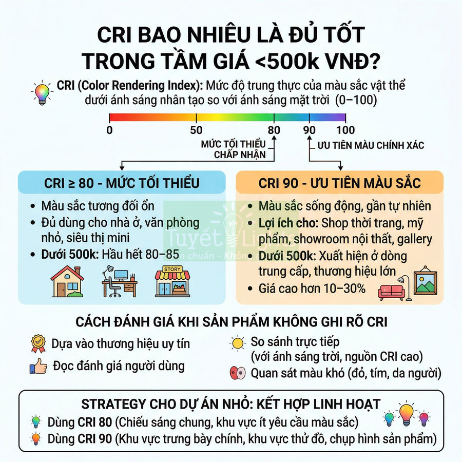 Infographic hướng dẫn chọn đèn LED CRI 80 và CRI 90 trong tầm giá dưới 500k VNĐ