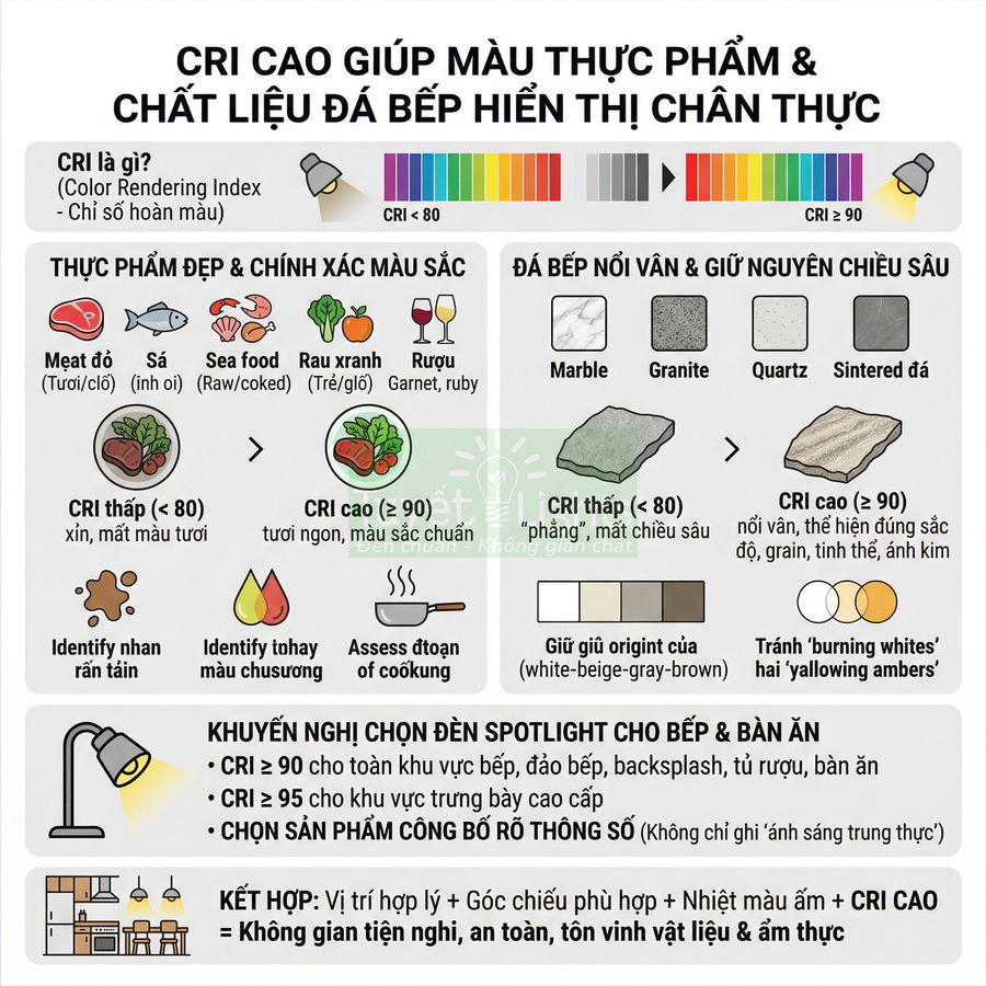 So sánh ánh sáng CRI cao và thấp trong bếp, làm nổi bật màu sắc chân thực của thực phẩm và bề mặt đá bếp