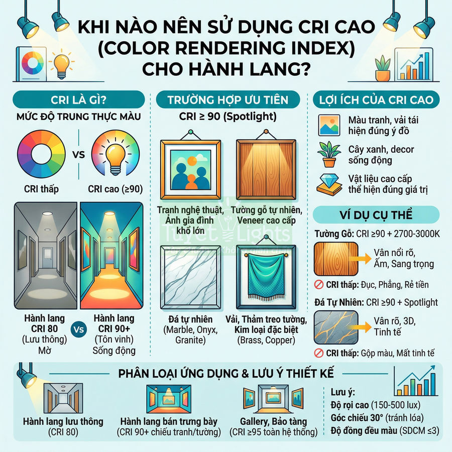 Infographic hướng dẫn chọn đèn LED CRI cao cho hành lang, so sánh CRI 80 và CRI 90 cùng các ứng dụng chiếu sáng