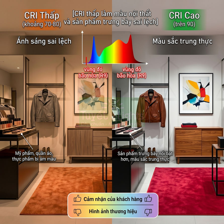 So sánh cửa hàng thời trang với ánh sáng CRI thấp và CRI cao, làm nổi bật màu sắc quần áo và mỹ phẩm
