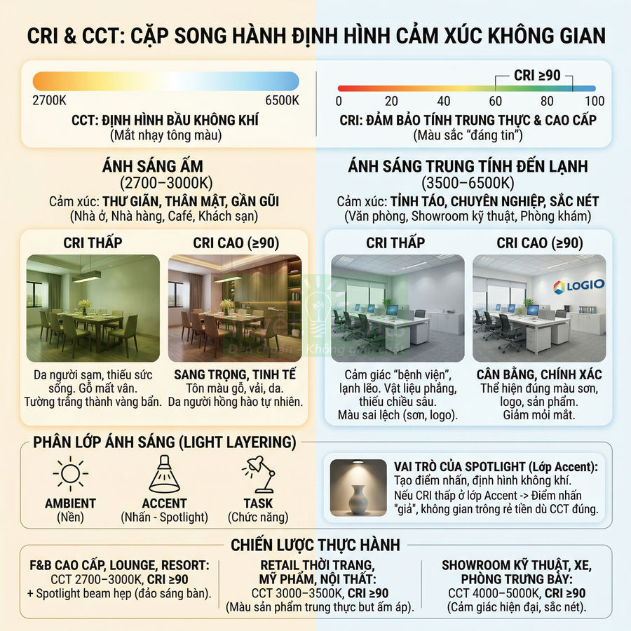 Infographic so sánh CRI và CCT trong thiết kế ánh sáng nội thất nhà ở, văn phòng, showroom