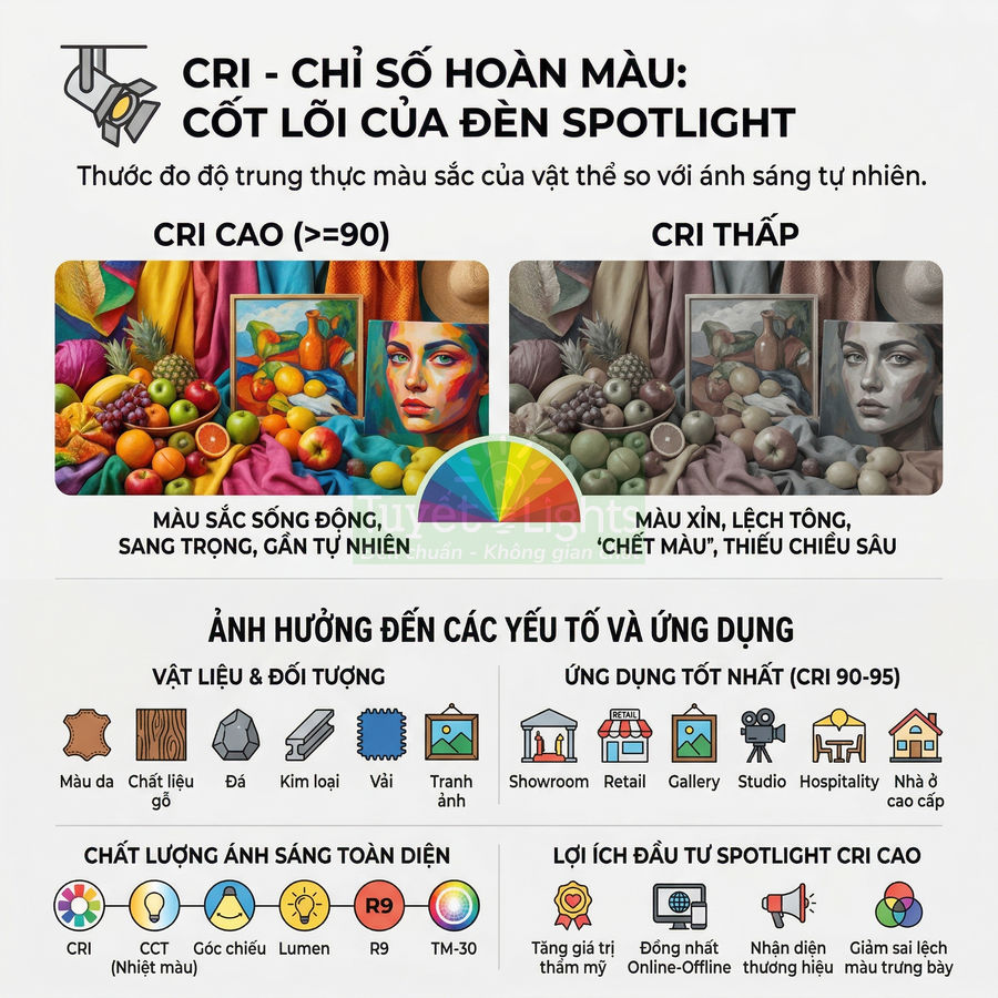 Infographic giải thích chỉ số hoàn màu CRI của đèn spotlight và lợi ích khi dùng đèn CRI cao cho màu sắc trung thực