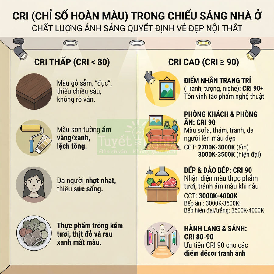 Infographic so sánh chỉ số hoàn màu CRI thấp và CRI cao trong chiếu sáng nhà ở và gợi ý chọn đèn phù hợp