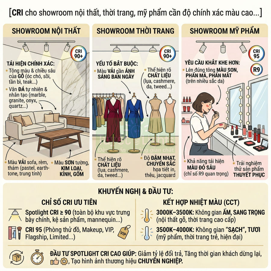 Minh họa so sánh chiếu sáng CRI cao cho showroom nội thất, thời trang và mỹ phẩm với spotlight trên sản phẩm
