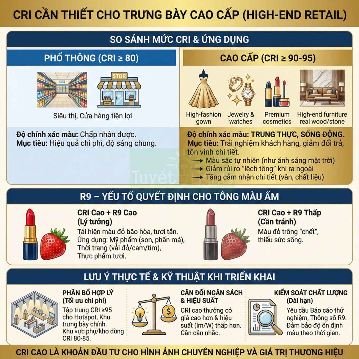 Infographic so sánh chỉ số CRI và R9 cho chiếu sáng trưng bày cao cấp trong siêu thị, mỹ phẩm, thời trang