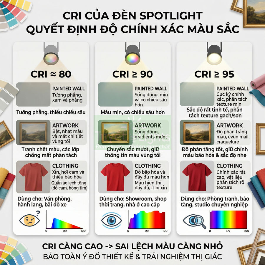 Infographic so sánh chỉ số CRI của đèn spotlight 80 90 95 và ảnh hưởng đến độ chính xác màu sắc