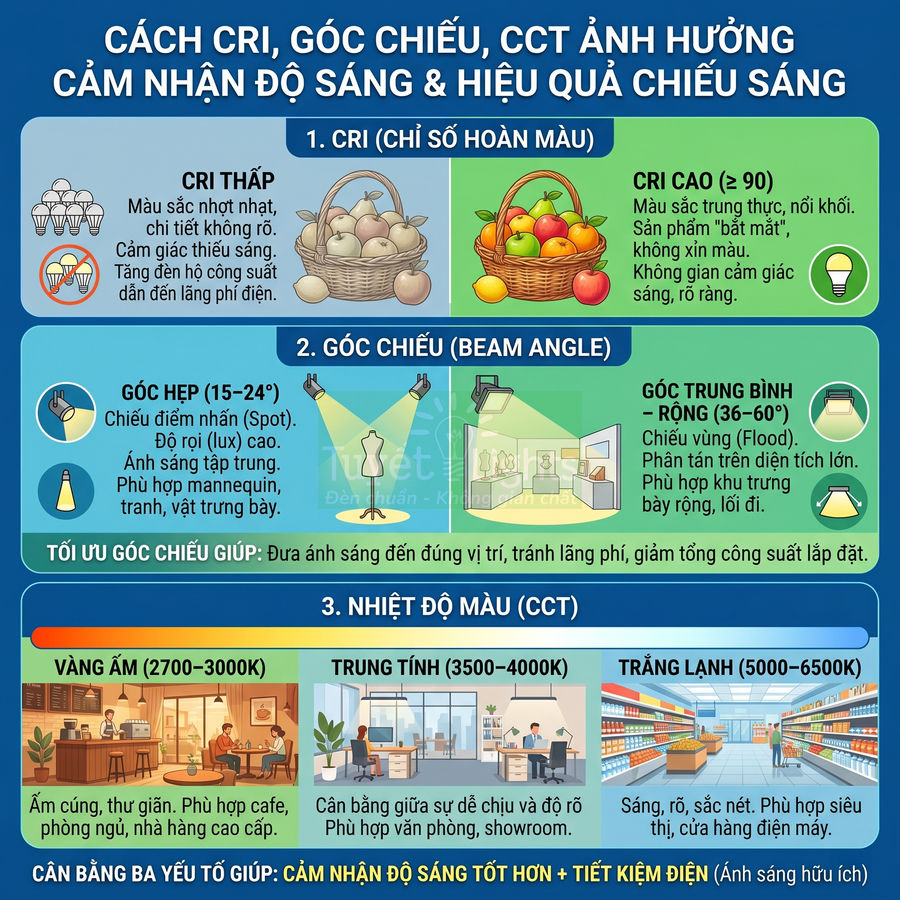 Infographic hướng dẫn chọn đèn LED theo chỉ số CRI, góc chiếu và nhiệt độ màu để tối ưu độ sáng và tiết kiệm điện