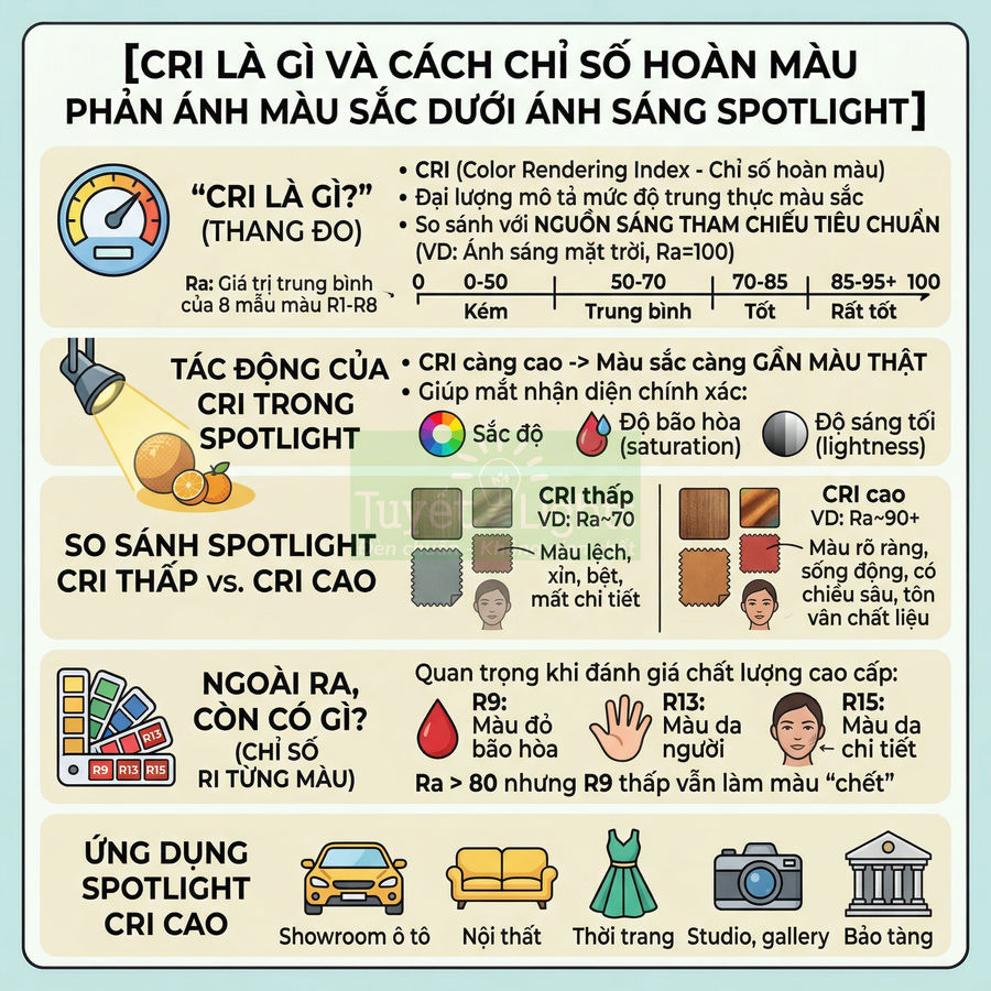 Infographic giải thích chỉ số hoàn màu CRI và ứng dụng spotlight CRI cao trong showroom, nội thất, thời trang, studio, bảo tàng