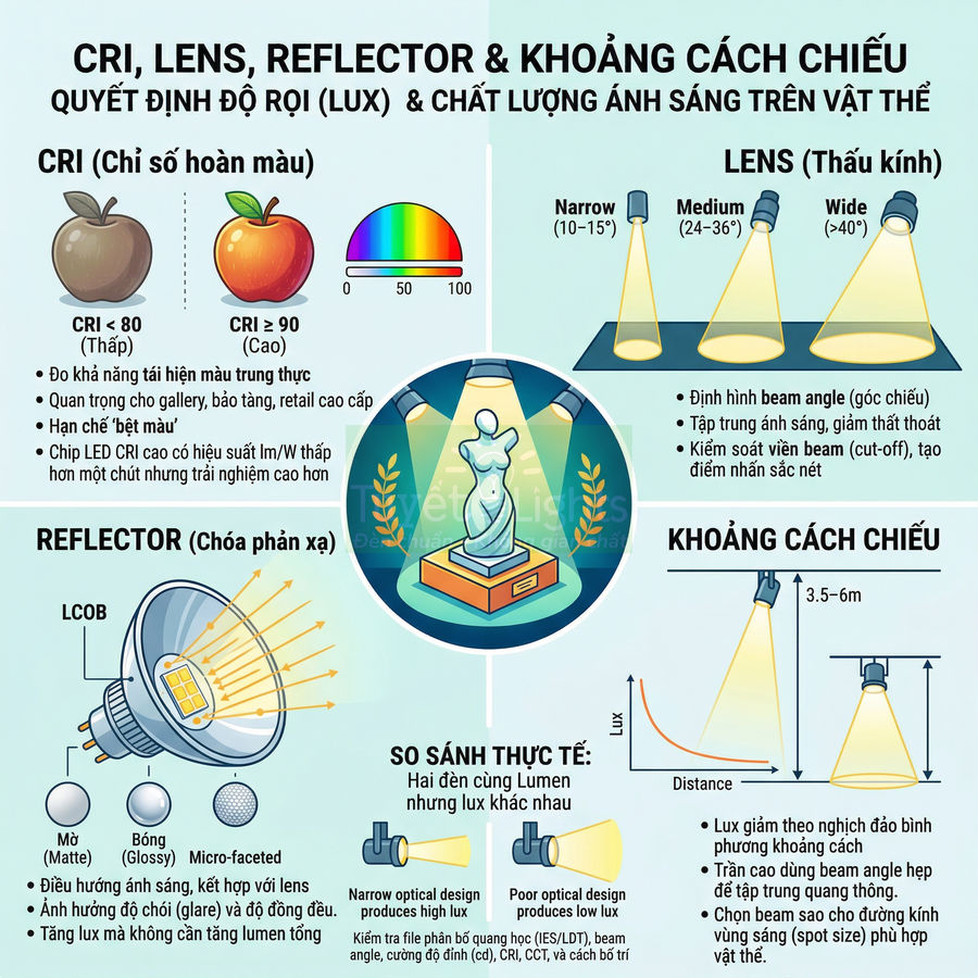 Infographic giải thích CRI, thấu kính, chóa phản xạ và khoảng cách chiếu ảnh hưởng độ rọi và chất lượng ánh sáng
