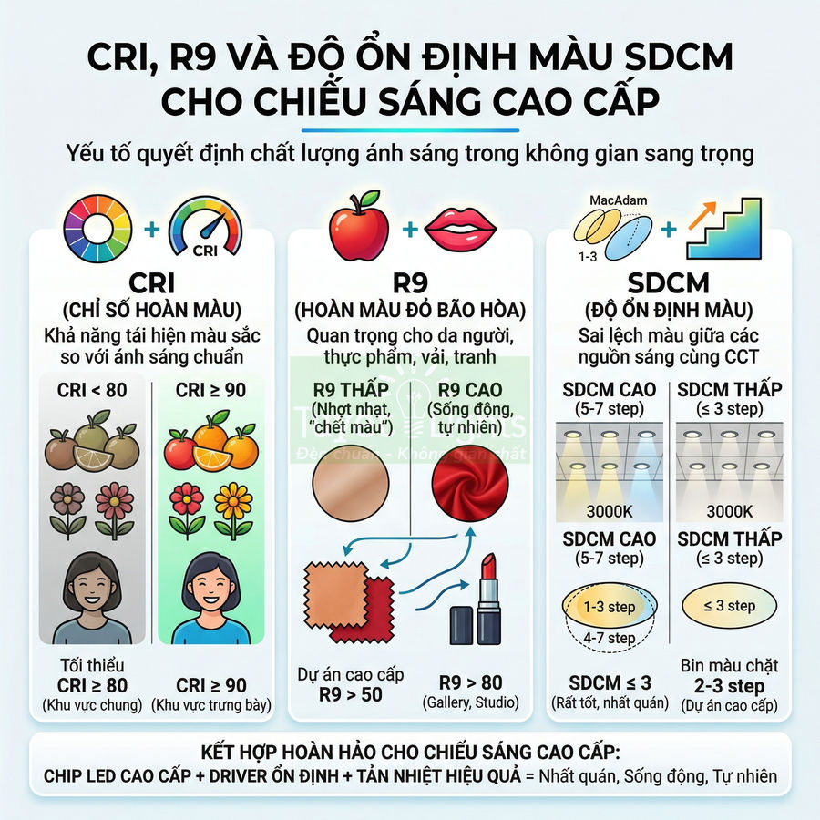 Infographic giải thích CRI, R9 và SDCM trong chiếu sáng cao cấp cho không gian sang trọng