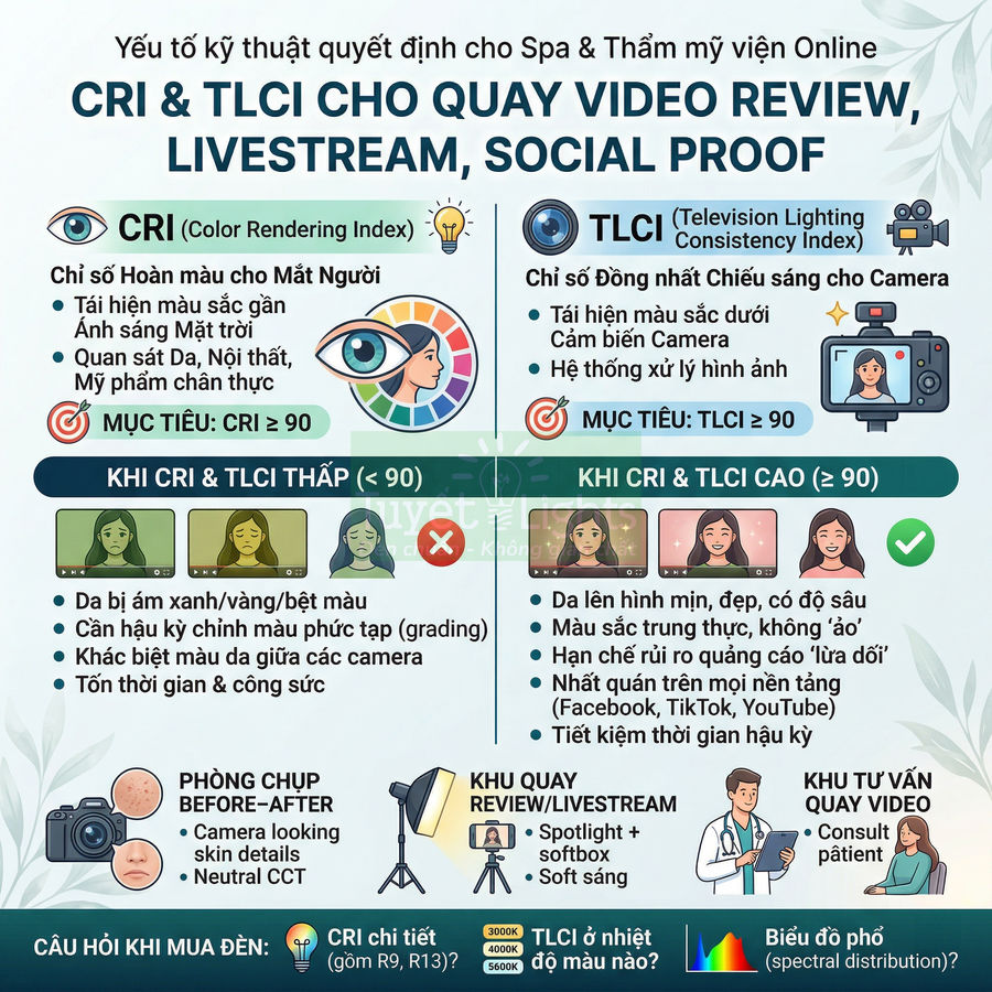 Infographic so sánh chỉ số CRI và TLCI cho đèn quay video review, livestream, tư vấn spa thẩm mỹ