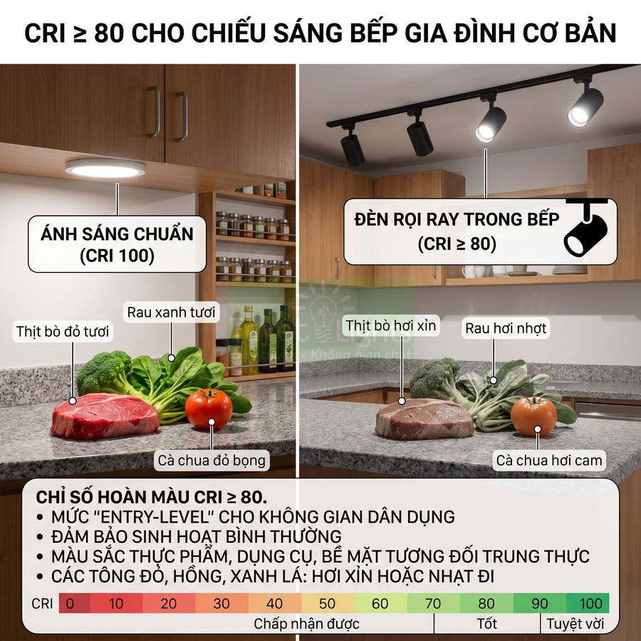 So sánh ánh sáng chuẩn CRI 100 và đèn rọi ray CRI 80 trong bếp với thịt bò, rau củ trên mặt bàn