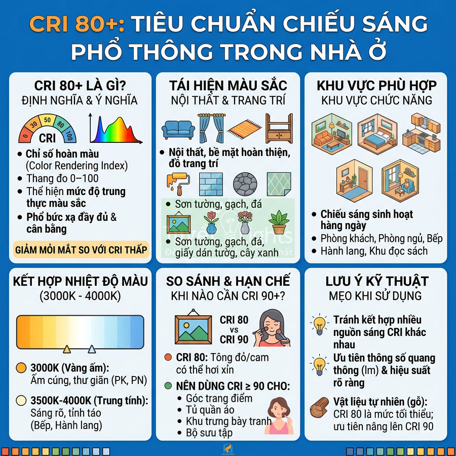 Infographic tiêu chuẩn chiếu sáng CRI 80+ cho nội thất nhà ở, hướng dẫn chọn nhiệt độ màu và khu vực sử dụng