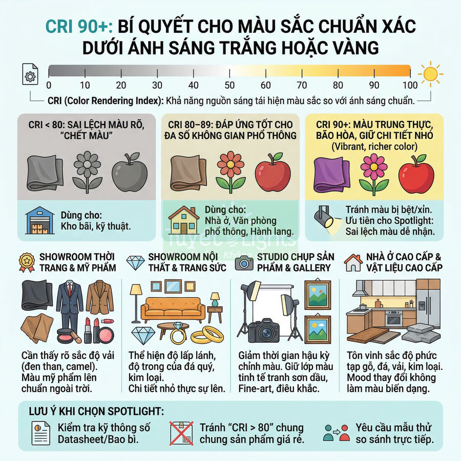 Infographic giải thích chỉ số CRI 90+ và ứng dụng đèn spotlight cho showroom, studio chụp sản phẩm và nhà ở cao cấp