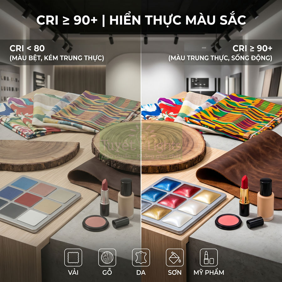 So sánh ánh sáng CRI thấp và CRI ≥ 90+ chiếu lên vải, gỗ, da và mỹ phẩm với độ trung thực màu khác nhau