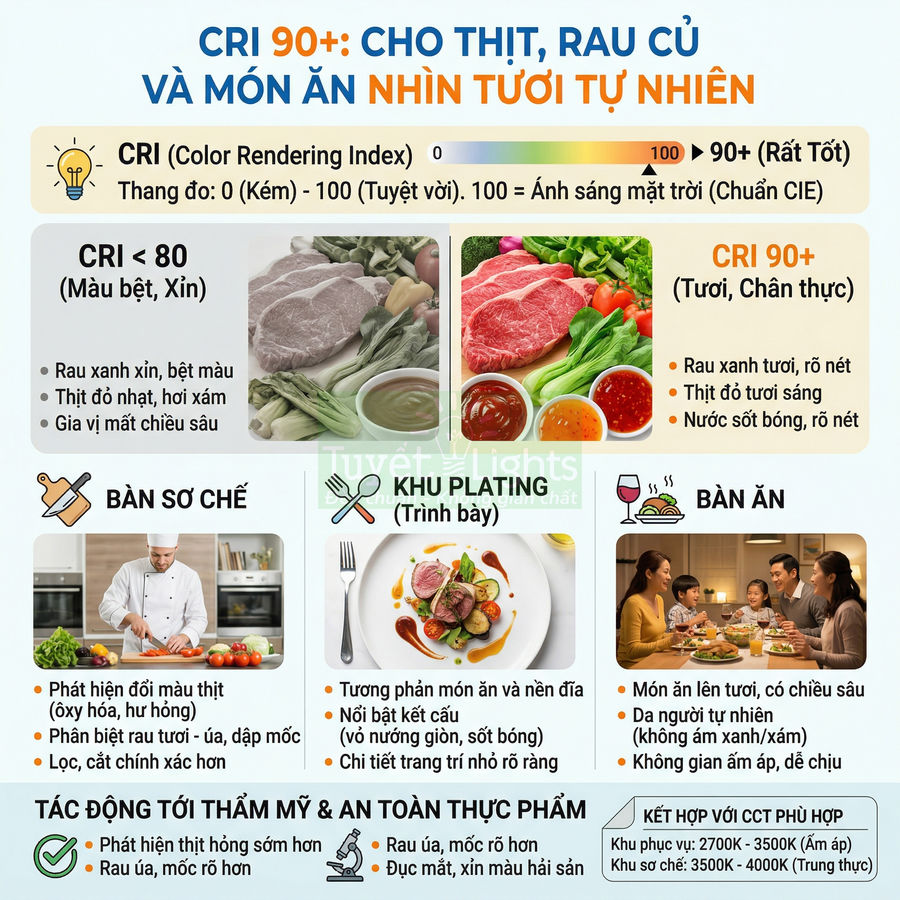 Infographic CRI 90+ cho thịt rau củ và món ăn tươi tự nhiên, so sánh ánh sáng làm nổi bật màu sắc thực phẩm