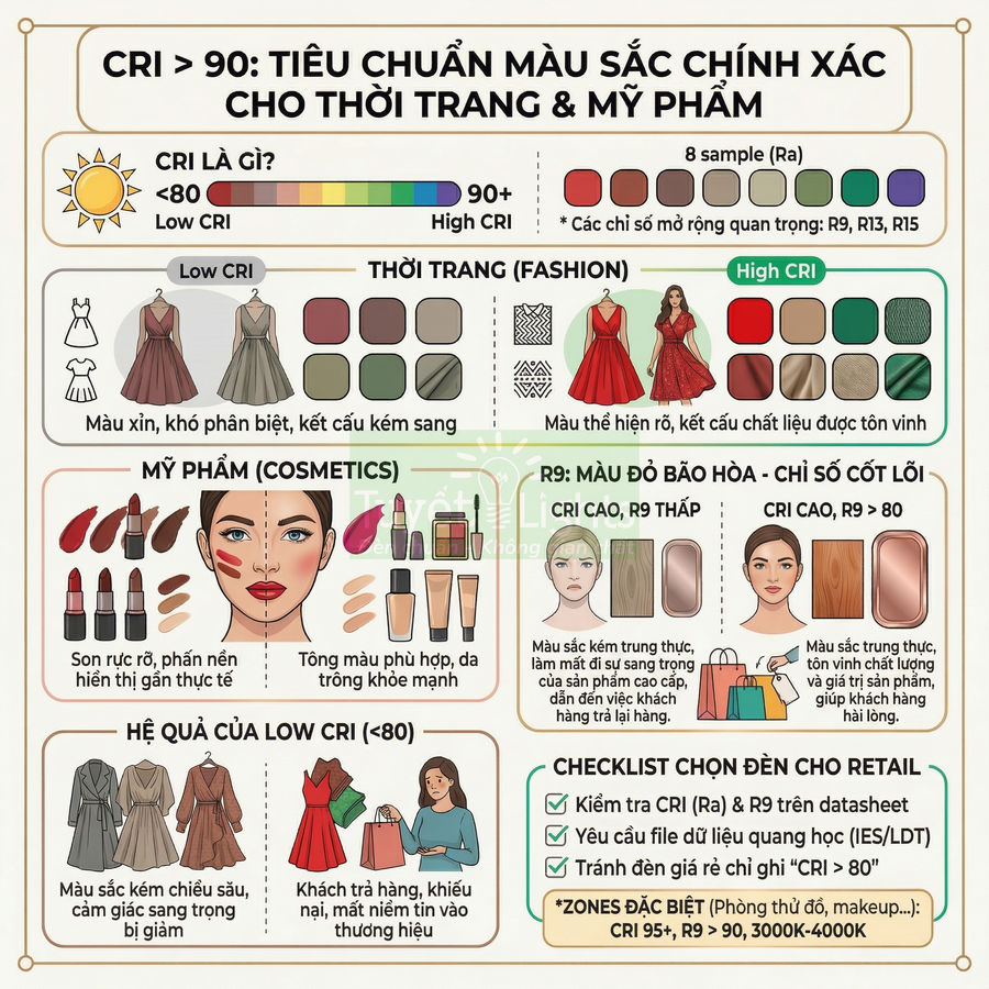 Infographic tiêu chuẩn CRI trên 90 cho ánh sáng hiển thị màu sắc chính xác trong thời trang và mỹ phẩm
