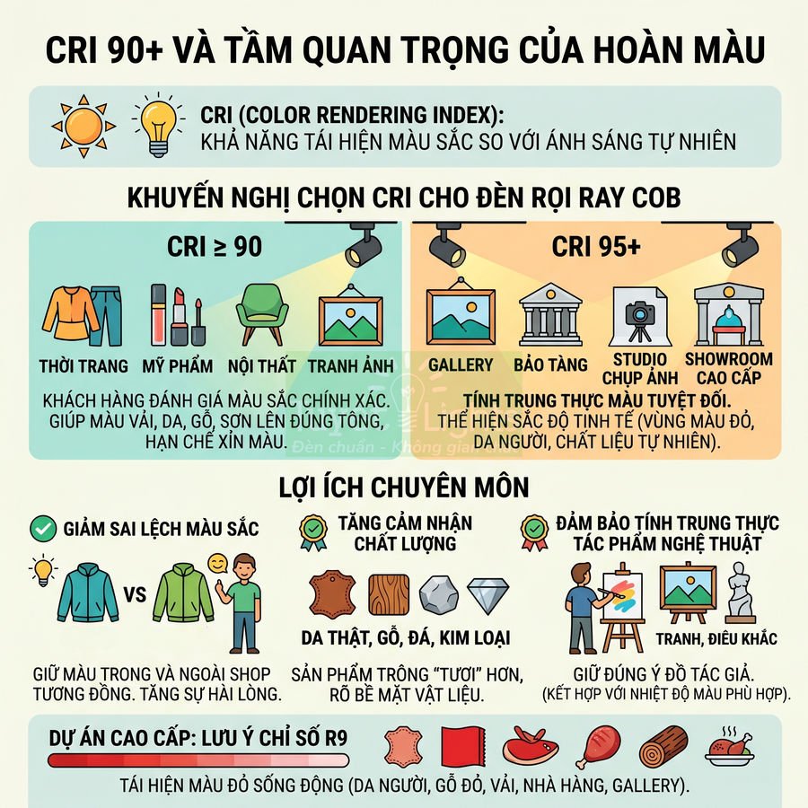 Infographic giải thích chỉ số hoàn màu CRI 90+ và lợi ích khi chọn đèn rọi ray COB cho thời trang, gallery, bảo tàng