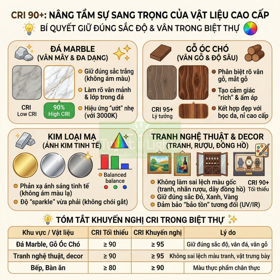 Infographic hướng dẫn chọn chỉ số CRI đèn chiếu sáng cho đá marble, gỗ óc chó, kim loại mạ và tranh decor trong biệt thự