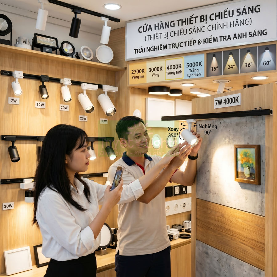 Nhân viên tư vấn cho khách hàng trải nghiệm đèn rọi ray LED 7W 4000K trong cửa hàng thiết bị chiếu sáng
