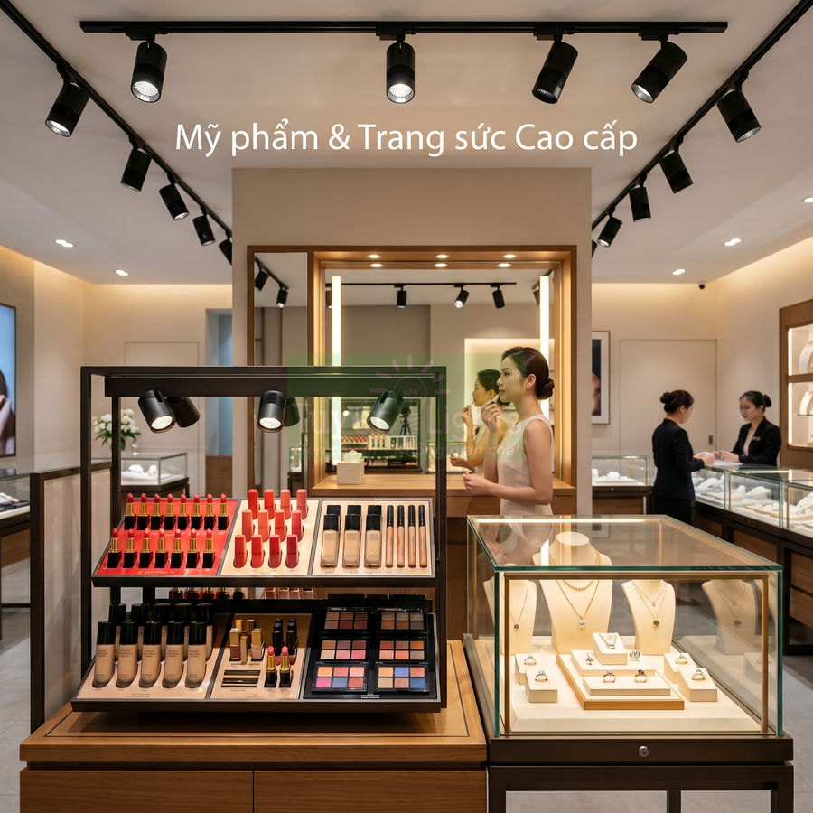 Quầy trưng bày mỹ phẩm trang điểm và trang sức vàng cao cấp trong cửa hàng sang trọng