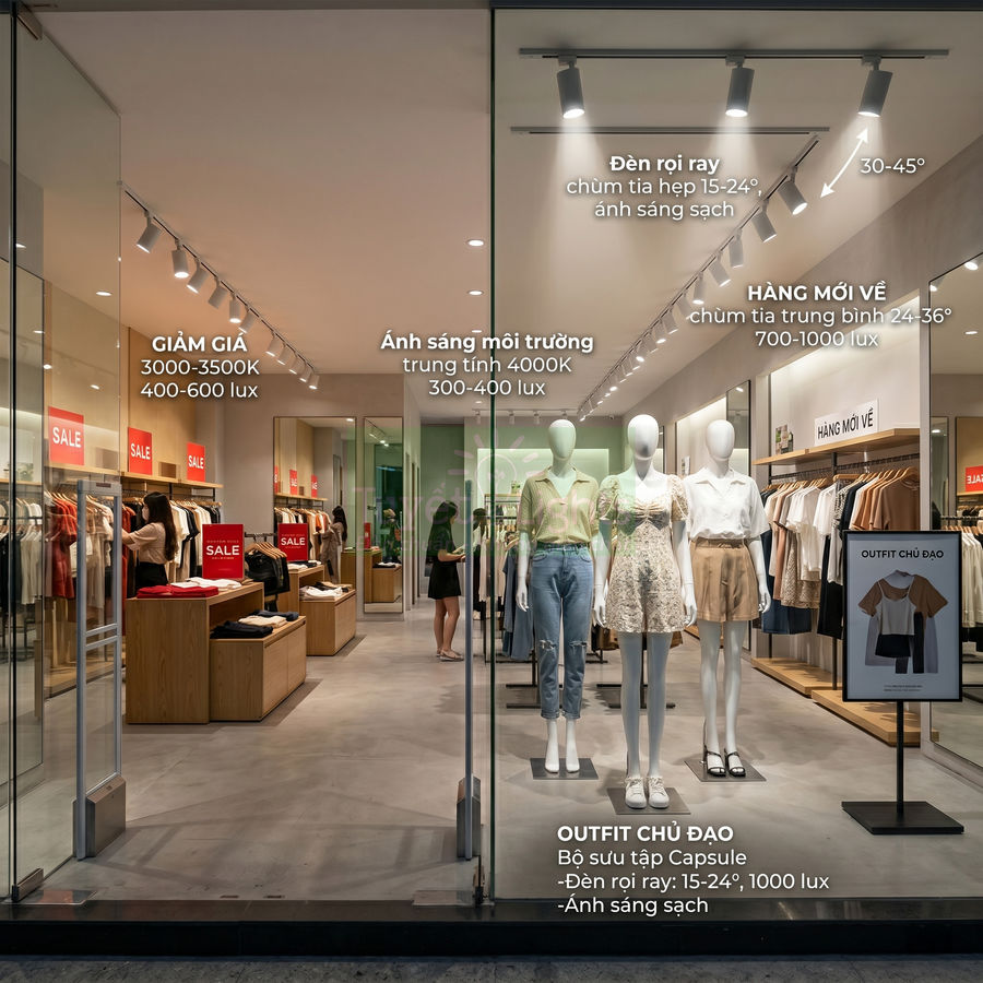 Cửa hàng thời trang trưng bày mannequin với trang phục nữ, biển sale và hệ thống đèn rọi ray chiếu sáng sản phẩm