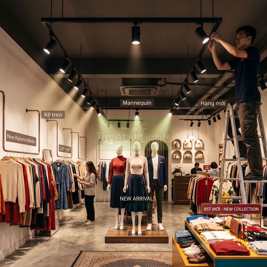 Cửa hàng thời trang với mannequin trưng bày bộ sưu tập quần áo mới và nhân viên đang lắp đèn chiếu sáng