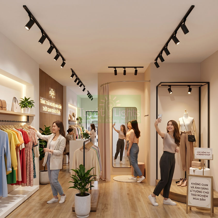 Đèn rọi ray LED chiếu sáng shop quần áo thời trang hiện đại, làm nổi bật sản phẩm trên kệ trưng bày