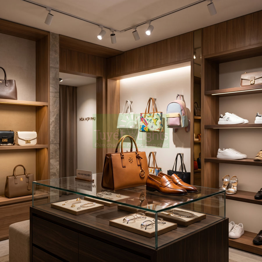 Túi xách da Michael Kors màu nâu trưng bày cùng giày da và phụ kiện trong cửa hàng thời trang cao cấp