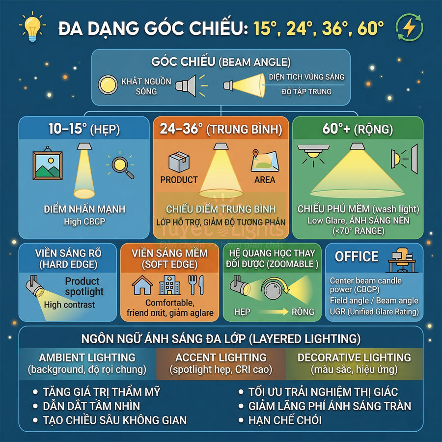 Infographic giới thiệu các loại góc chiếu đèn LED 15 24 36 60 độ và ứng dụng chiếu sáng nội thất