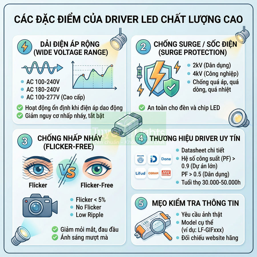 Infographic giới thiệu các đặc điểm của driver LED chất lượng cao và cách chọn driver LED uy tín