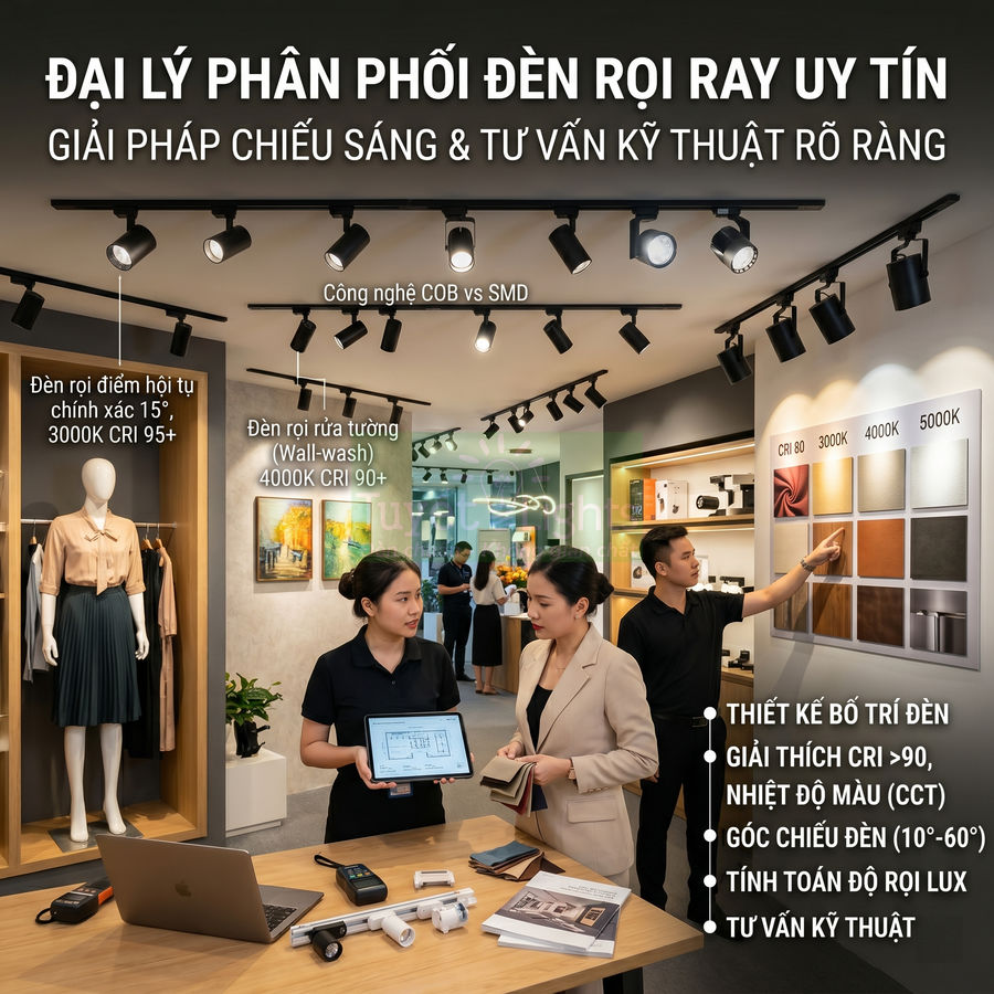 Showroom tư vấn và trưng bày đèn rọi ray COB SMD cao cấp cho giải pháp chiếu sáng nội thất cửa hàng