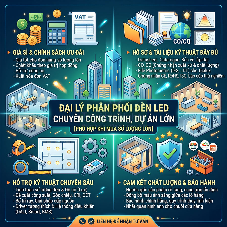 Thiết kế giới thiệu đại lý phân phối đèn LED cho công trình, dự án lớn với ưu đãi, hỗ trợ kỹ thuật và bảo hành