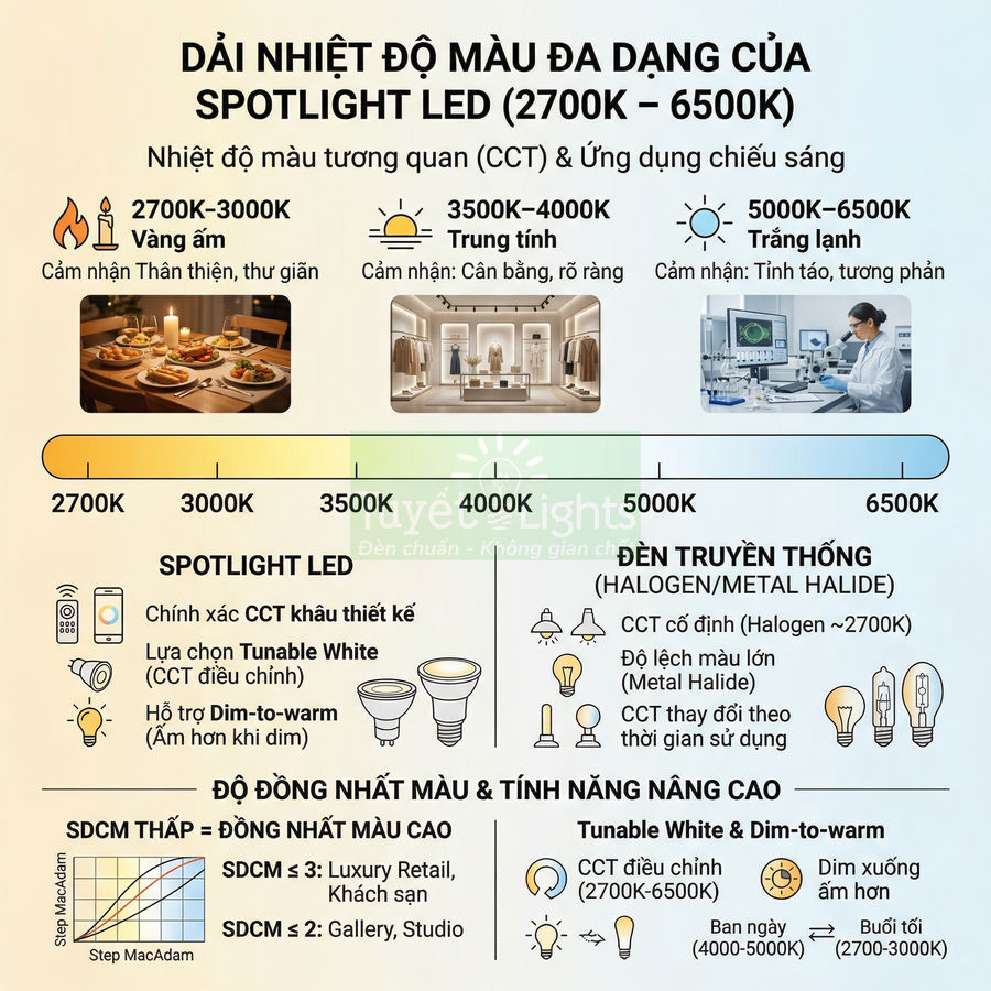 Bảng thông tin dải nhiệt độ màu và ứng dụng chiếu sáng của đèn spotlight LED so với đèn truyền thống