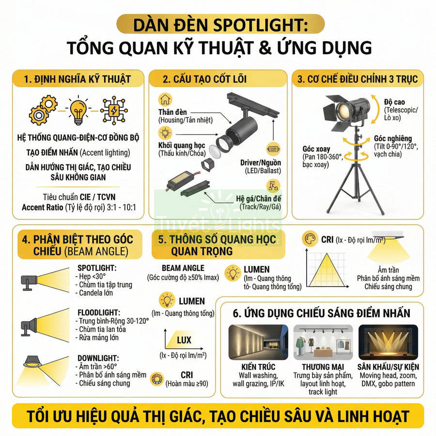 Infographic tổng quan kỹ thuật và ứng dụng của dàn đèn spotlight chiếu sáng điểm nhấn