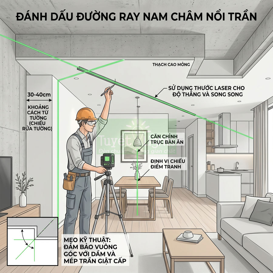 Hướng dẫn thợ thi công đánh dấu đường ray nam châm nổi trần bằng máy cân bằng tia laser trong phòng khách hiện đại