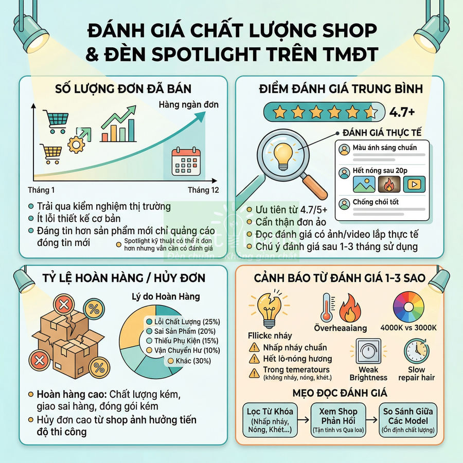 Infographic hướng dẫn đánh giá chất lượng shop và đèn spotlight trên sàn thương mại điện tử