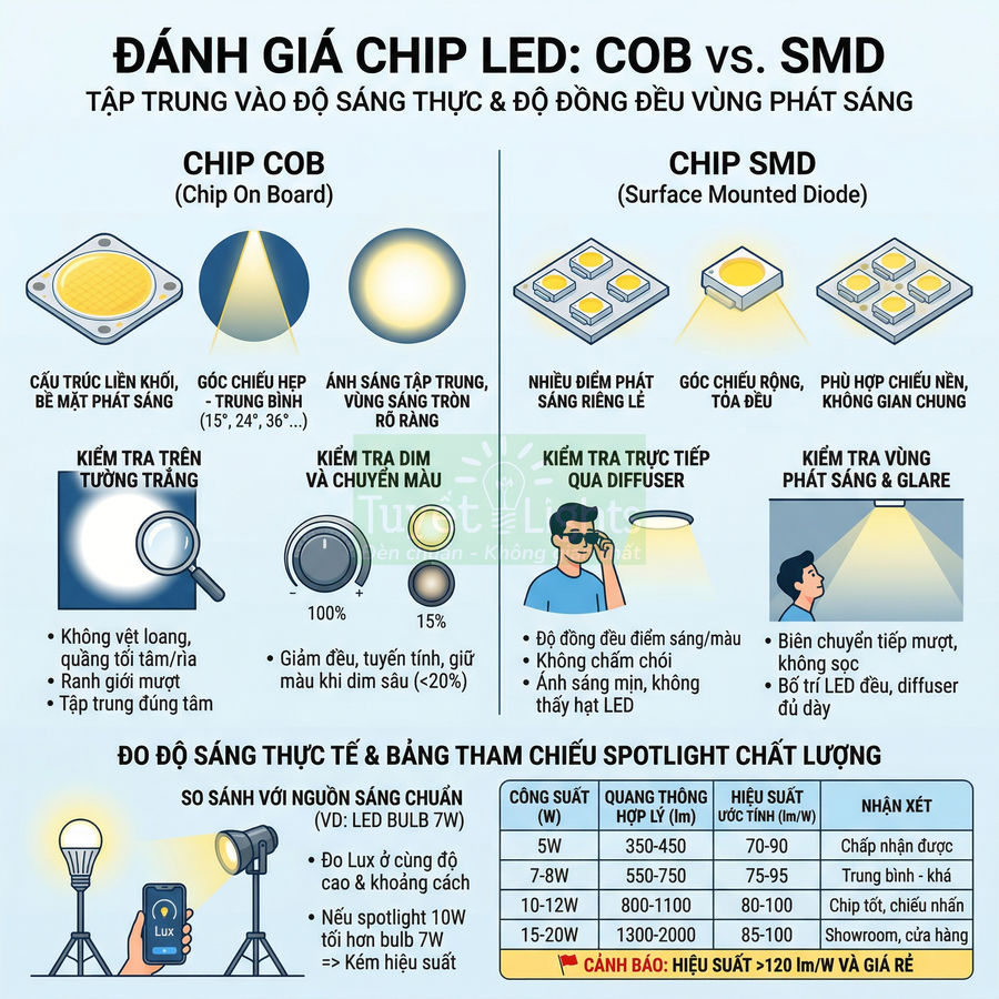Infographic so sánh chip LED COB và SMD, mô tả cấu trúc, góc chiếu, độ sáng và ứng dụng chiếu sáng