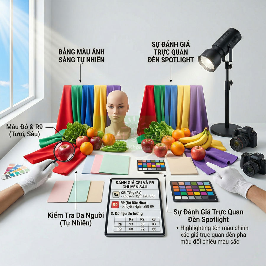 Bộ dụng cụ đánh giá chỉ số hoàn màu CRI với đèn spotlight, bảng màu, hoa quả và vải nhiều màu sắc