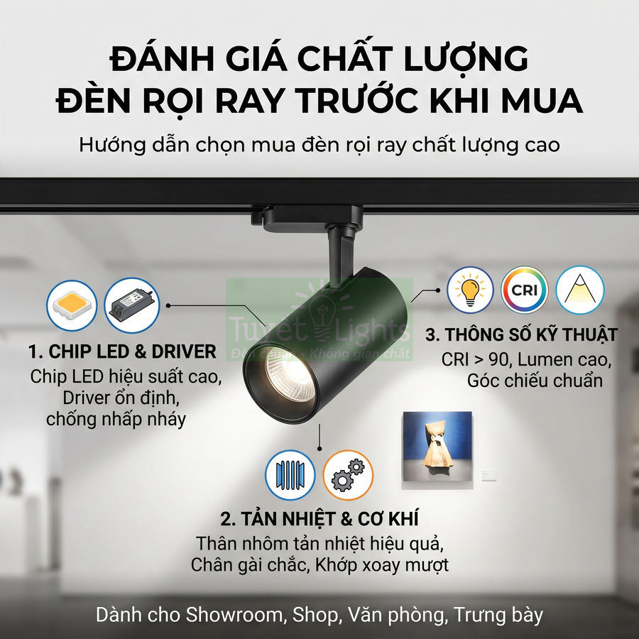 Đèn rọi ray LED màu đen chiếu tranh trong phòng trưng bày, chú thích các tiêu chí đánh giá chất lượng