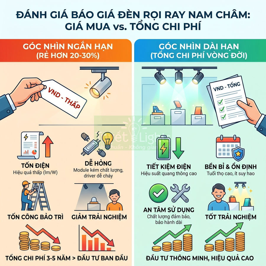 Infographic so sánh chi phí đèn rọi ray nam châm giá rẻ và đèn rọi ray nam châm chất lượng cao