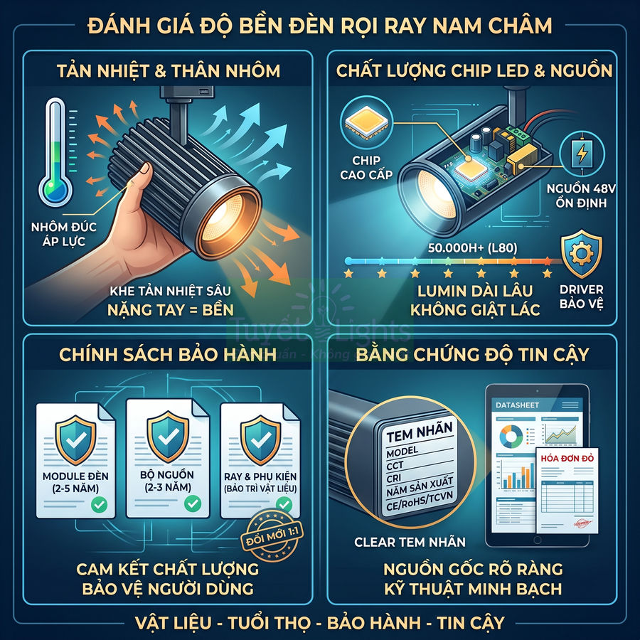 Đèn rọi ray nam châm thân nhôm tản nhiệt tốt, chip LED cao cấp, nguồn 48V bền và chính sách bảo hành rõ ràng