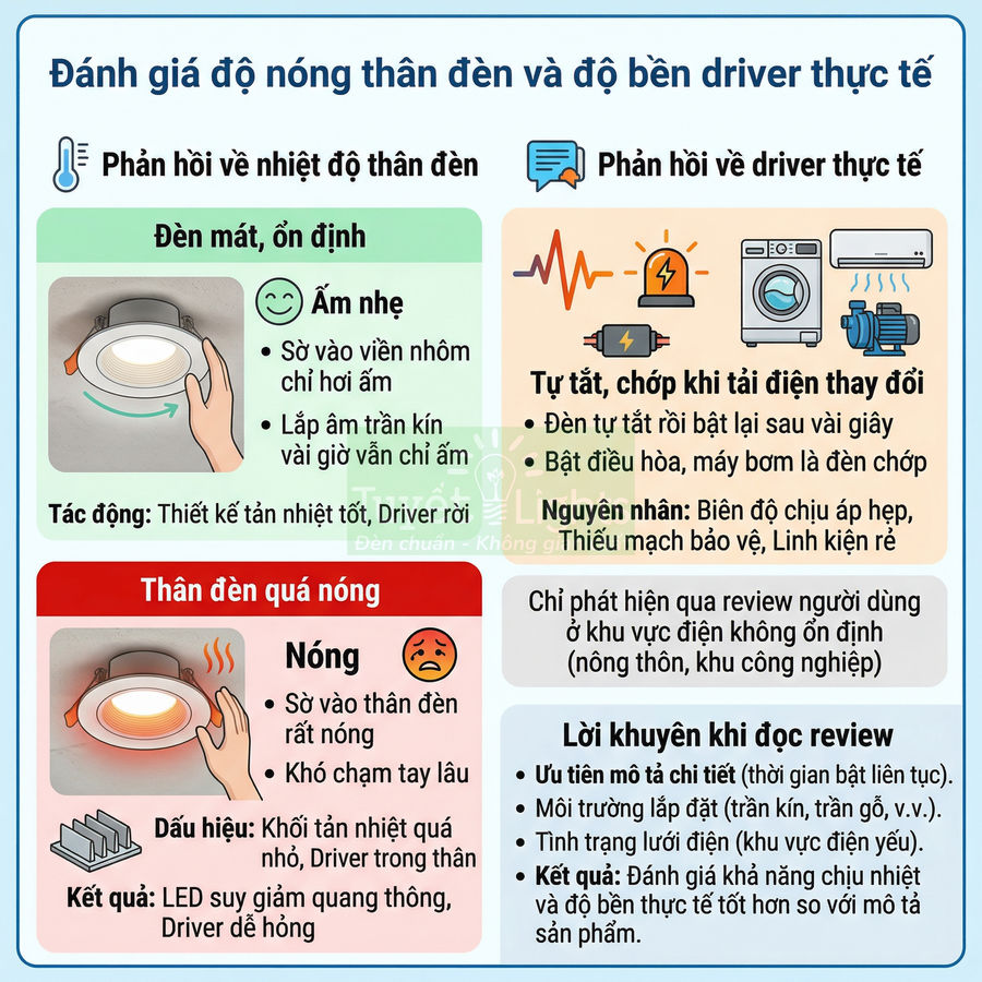 Infographic đánh giá độ nóng thân đèn LED âm trần và độ bền driver, hướng dẫn nhận biết đèn mát hay quá nóng