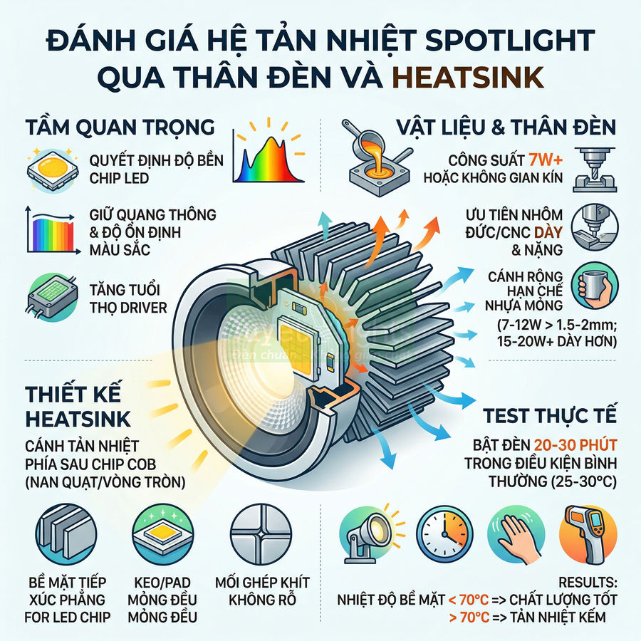 Cấu tạo đèn LED spotlight với thân đèn nhôm dày và heatsink tản nhiệt phía sau chip COB