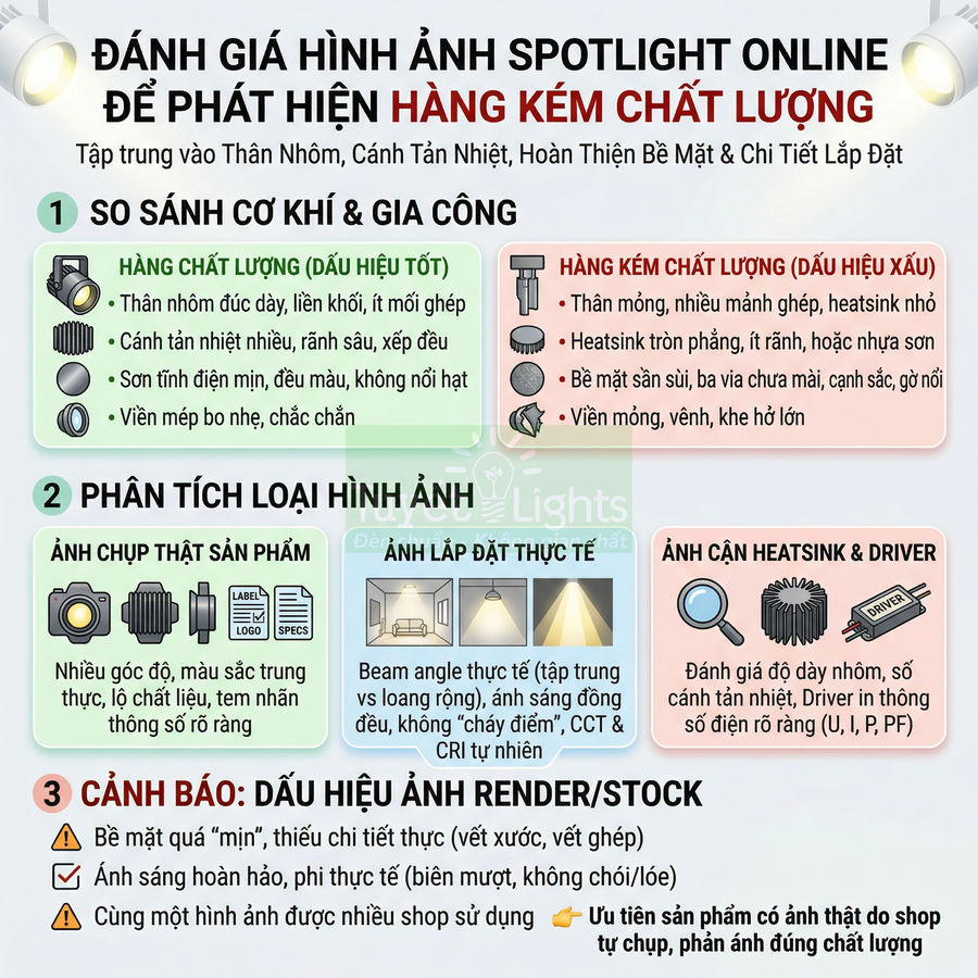 Hướng dẫn đánh giá hình ảnh đèn spotlight online để nhận biết hàng kém chất lượng